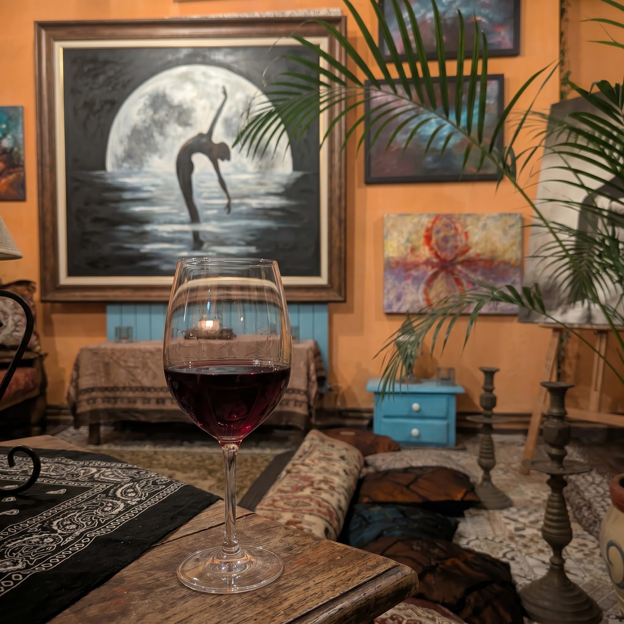 Glass of red wine in the bohemian lounge